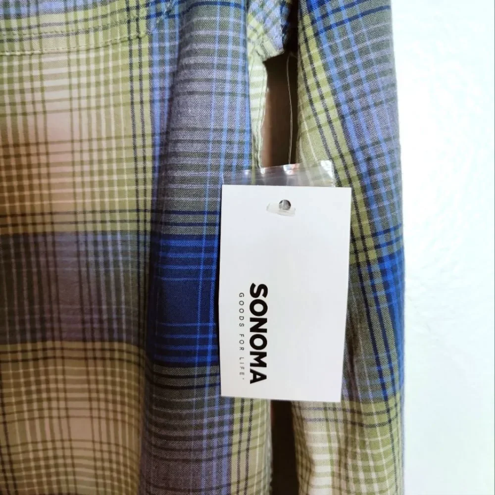 NWT Sonoma Boys' Blue/Green Plaid Button Down Shirt, Size S